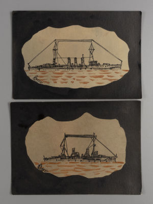 Катасинович А. Два корабля. 1932. Бумага, акварель, тушь. Размер 10,5х14,7 см. Размер 10х14,5 