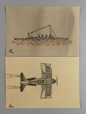 Катасинович А. Самолёт и корабль.1932. Бумага, акварель, тушь. Размер 10х14 см. Размер 9,5х14 