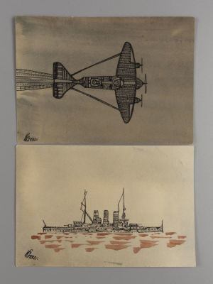 Катасинович А. Самолёт и корабль.1932. Бумага, акварель, тушь. Размер 10х14 см. Размер 9,5х14 