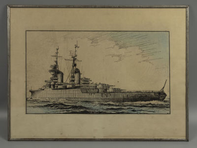 Н\х. Советский крейсер. Гравюра 1950х гг. Размер по раме 30х40 см. Справа внизу подпись атора 