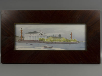 Н\х. Стрелка Васильевского острова. 1970-е гг. Рисунок по шёлку. Размер по раме 30х55,5 см. Хоро 