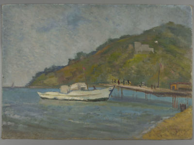 Н\х. Крым. Белая яхта в гавани. Б.г. Холст, масло. Размер 35х49,5 см. Края потрёпаны, есть 