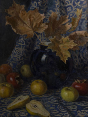 Озерский Б. (?) Натюрморт. Синяя ваза с кленовыми листьями, яблоками и грушами. Б.г. Холст 