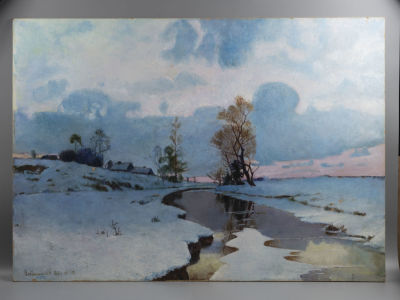 Владимиров. Копия с полотна "Начало весны" И. Ендогурова. Картон, масло. Размер 60,5х85 см. Слев 