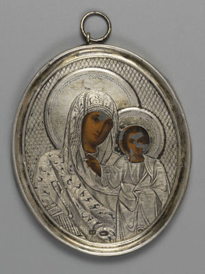 Икона. Божья матерь с младенцем (овальная). Клеймо СГ. Серебро. Вес 17,5 гр. Середина XIX в. Вес 