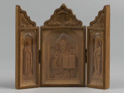 Икона. Складень. Троице-Сергиева лавра. Первая пол. ХХ в. Кипарис, стекло. Резьба по дереву. 