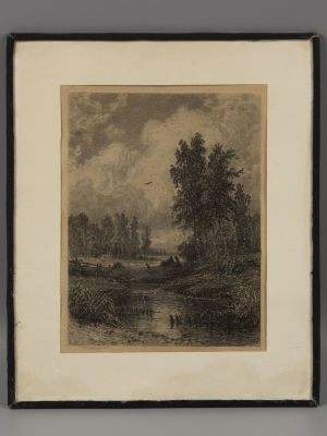 Шишкин И. За ручьем. 1873. Гравюра. Размер изображения 17х12,3 см. Размер по паспарту 25х20,7 