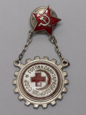 Знак Готов к санитарной обороне СССР 1930-е гг. Размер 55х30 мм. Хорошее состояние.