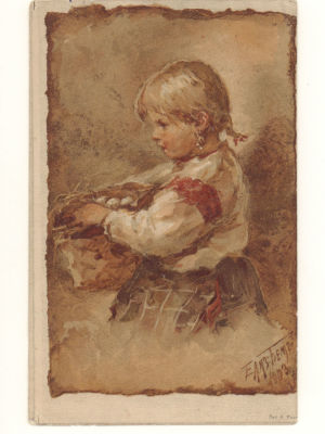 Худ. Е. Бём. Девочка с корзинкой яичек. Цветная открытка Общ. Св. Евгении. Начало ХХ в. 4578 