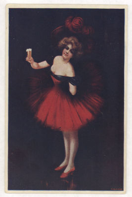 Дама с бокалом пива.Живопись. Цветная довоенная открытка. 2356 W.B. 02. Размеры 9,0х14,0 см. 