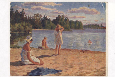 На пляже. С ориг. худ. В.Н.Федоровича. Живопись. Цветная довоенная открытка. 2375 Издательство 
