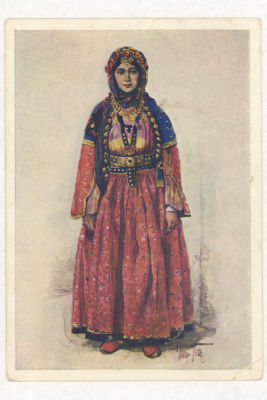 Народы Кавказа в национальных костюмах. Тюрки- тюрчанка из Нухи. Худ. М.Тильке. 1910 г. Цветная 