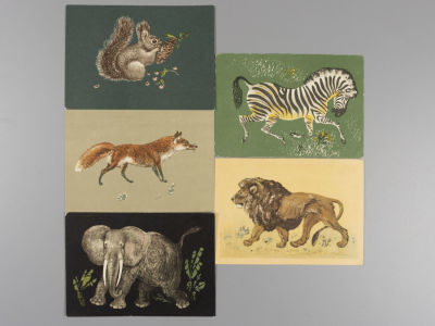 Худ. Е.И.Чарушин. Зверюшки. Живопись. Набор из 5-ти цветных послевоенных открыток. 2392 