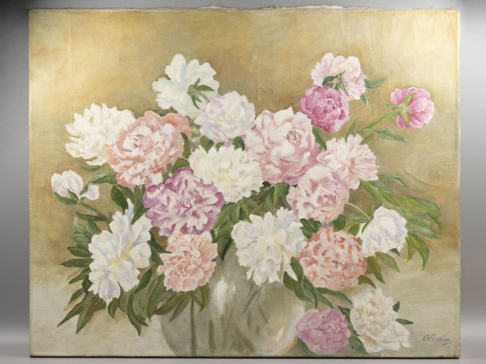 Обозненко Д. Пионы. 1997. Холст, масло. Размер 65х81 см. Справа внизу подпись. Потертости по 