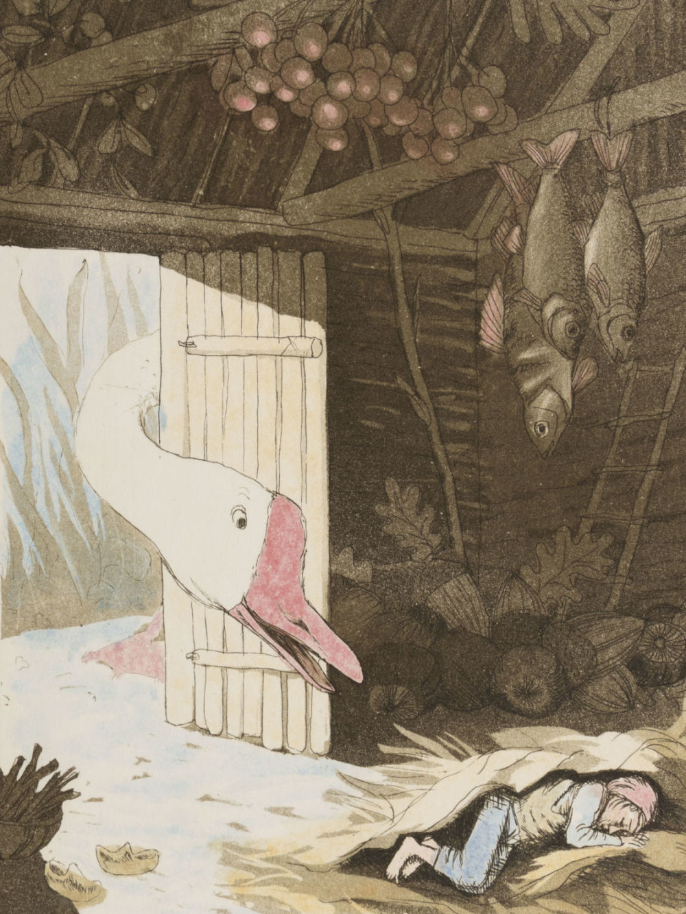 Диодоров Б. Сон. Путешествия Нильса.1978. Офорт, акватинта, акварель. Размер изображения 18 