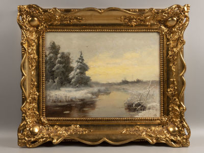 Розен К. Зимний пейзаж с рекой. Начало ХХ в. Картон, масло. Размер изображения 30,5х39 см. Размер 