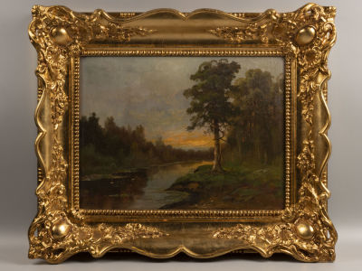 Розен К. Лесная река. Начало ХХ в. Картон, масло. Размер изображения 30,5х39 см. Размер по раме 