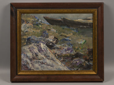 Коненко В. Камни и лодки. 1969. Оргалит, масло. Размер по раме 28х32,5 см. Есть потёртости 