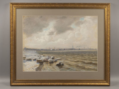 Трескин А. Вид на Таллин со стороны моря (Эстония). Бумага, смешанная техника. Размер по раме 