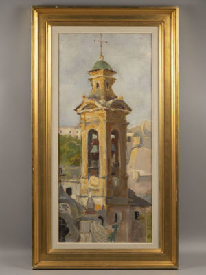 Самойлов ? Колокольня. 1914. Холст на картоне, масло. Справа внизе датированная подпись. Хорошее 