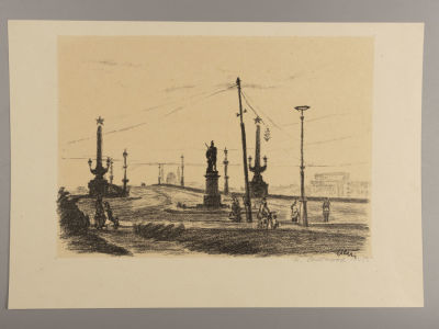 Астапов И. Памятник Суворову. 1945. Литография. Размер изображения 15,5х22 см. Размер листа 19 