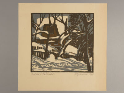 Успенский М. Улочка в Кавголове. ЛО. 1965. Цветная линогравюра. Размер изображения 17х18 см. Разм 