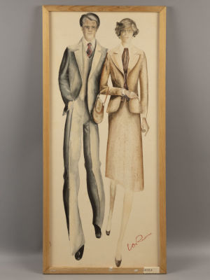 Романова В. Эскиз костюмов к фильму &laquo;Коней на переправе не меняют&raquo; (?). Две фигуры. Бумага 