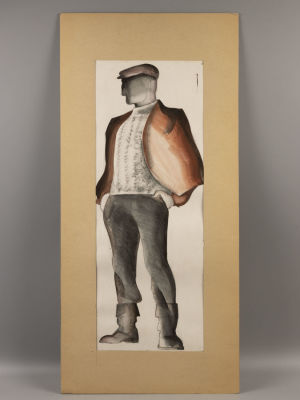 Романова В. Эскиз костюма. Мужской образ в пальто и кепке. Бумага, смешанная техника. Размер по 