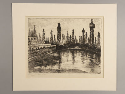 Кругликова Е. Баку. Сураханские прииски. 1937. Офорт. Размер изображения 17,5х23,5 см. Размер по 