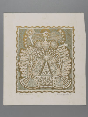 Андреева Н. Снежинка. Открытка. 1993. Шелкография. Размер 15,6х14 см. Есть потёртости. 
Андреева 