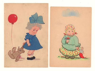 Девочка с куклой и Девочка с мишкой. Акварель, тушь, аппликация. Рисованная открытка. Перв. 