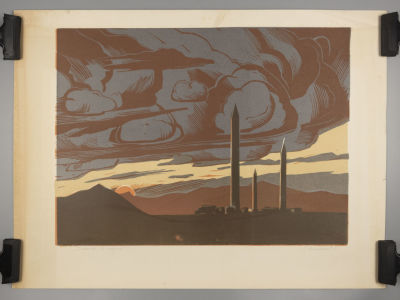 Антонов А. Учения в горах. 1987. Цветная линогравюра. Размер изображения 42х56 см. Размер листа 