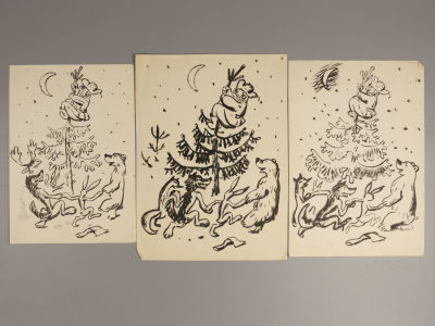 Обозненко Д. 3 наброска на тему "Новогодний хоровод". Бумага, тушь. Размер каждого листа ок. 