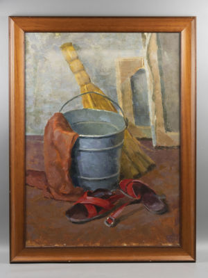 Шахназаров Б. В мастерской уборка. 1950-е гг. Картон, масло. Размер по раме 77х59 см. Есть 