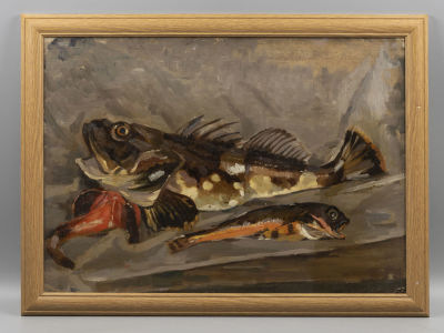 Шахназаров Б. Натюрморт с ершом. 1970-е гг. Картон, масло. Размер по раме 41х56 см. Есть следы 