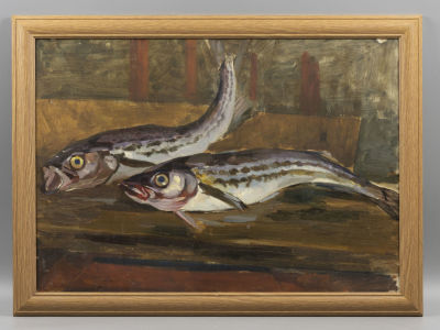 Шахназаров Б. Натюрморт с двумя рыбами. 1970-е гг. Холст на картоне, масло. Размер по раме 40х54 