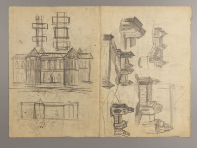 Носов А. Виды грузинских церквей. 1968. Бумага, карандаш. Размер 42х30 см. Лист сложен пополам 