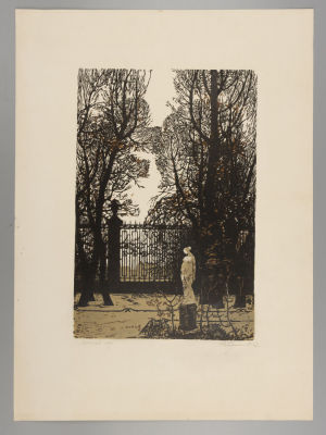 Молочников В. Летний сад .1967. Цветная линогравюра. Размер изображения 33х22 см. Размер листа 