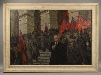 Земсков Л. В.И.Ленин агитирует рабочих. 1960-е гг. Картон, масло. Размер по раме 58х79 см. Хороше 