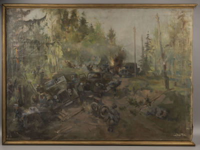 Белокуров К. Разгром партизанами фашистской автоколонны. 1947. Картон, масло. Размер 80,5х56,5 см. 