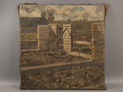 Шаблыкин Ю. Начало стройки. 1947. Холст, масло. Размер 54х54 см. Загрязнения, потёртости и 