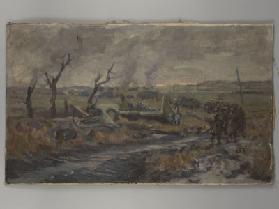 Железнов М. На ленинградском фронте. 1943. Холст на картоне, масло. Размер 35х57,5 см. Потёртости 