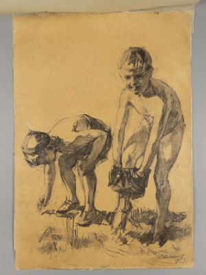 Железнов М. Мальчики переодеваются. Из серии рисунков &laquo;Дети&raquo;. 1959. Бумага, уголь. Размер 50х35 см. 