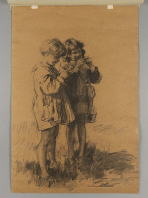 Железнов М. Две девочки. Из серии рисунков &laquo;Дети&raquo;. 1964. Картон, уголь. Размер 45х31 см. Справа 