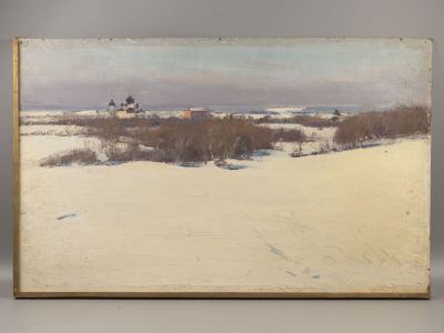 Белокуров К. Дали старой Ладоги. 1972. Картон, масло. Размер 80х50 см. Загрязнения, потёртости и 