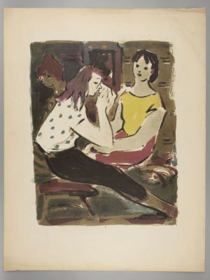 Матюх В. Подруги выпивают. 1960-е. Литография. Размер 71.5х64.5 см. Без подписи. Надрывы 