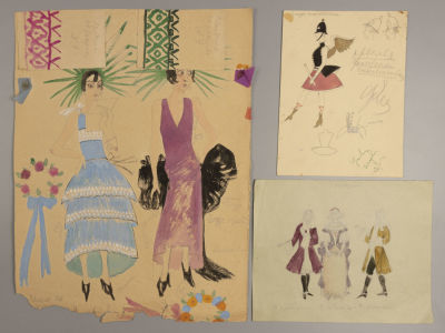 Неменова Г. Эскизы театральных костюмов. 1930-е гг. 3 листа. Бумага, смешанная техника. Размеры 