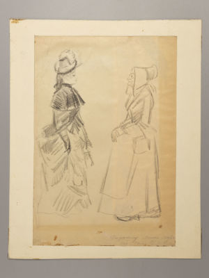 Рудаков К. Эскиз. Разговор. Бумага, уголь. Размер по паспарту 30х24 см. Справа внизу дарственная 