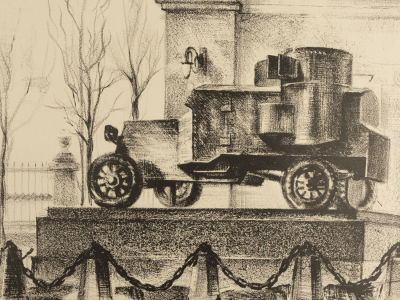 Базунов. Враг капитала. Броневик Ленина во дворе Мраморного дворца. 1968. Литография. Размер 