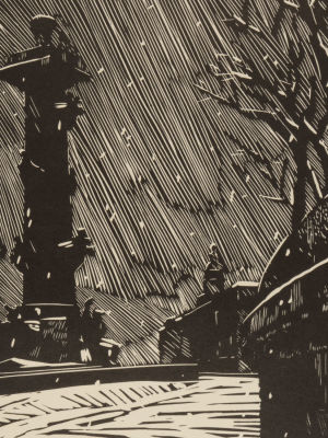 Васильев. Снегопад. 1970-е гг. Ксилография. Размер изображения 23,5х17,5 см. Размер листа 60х40 